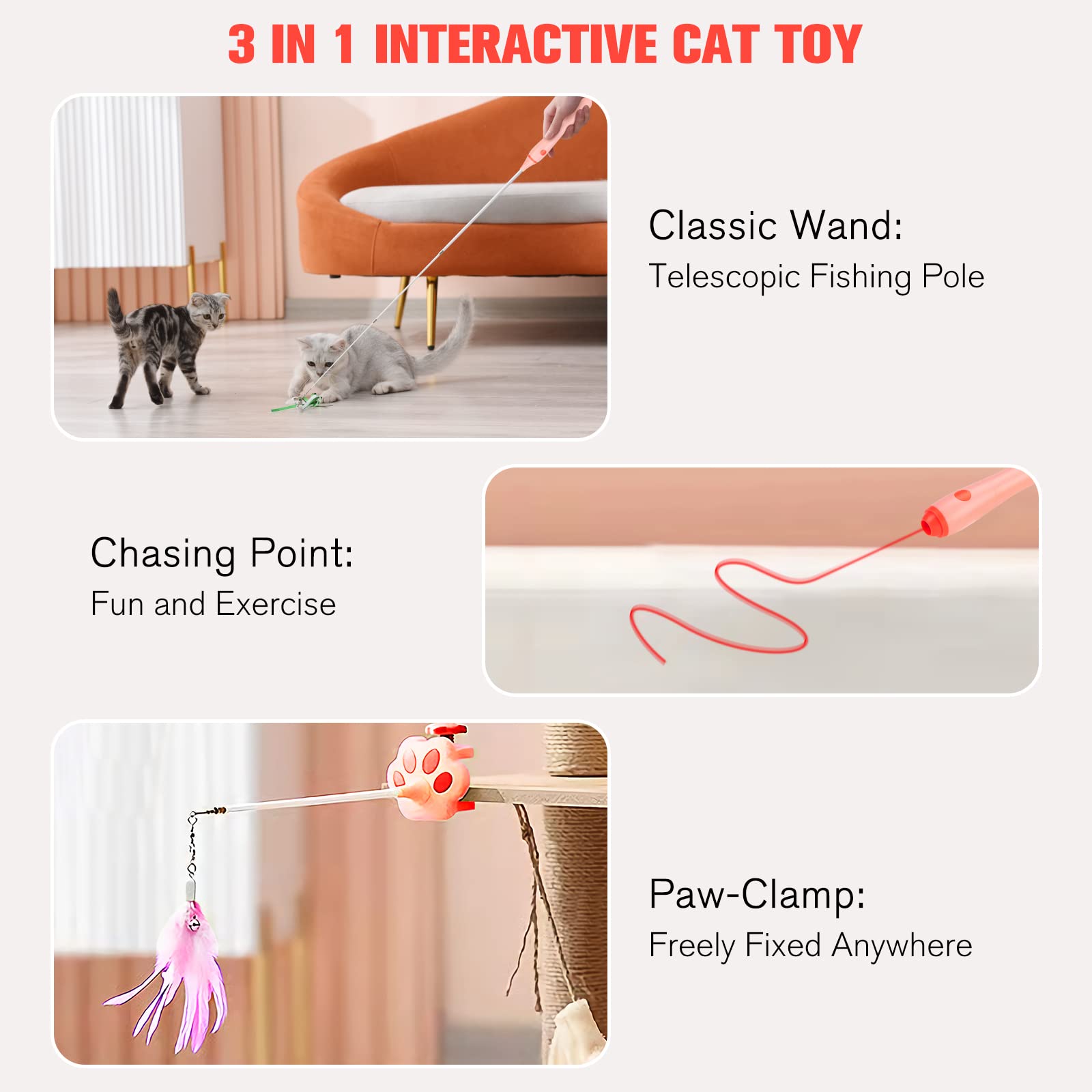 Bebobly 3-In-1 Retractable Cat Wand Toy For Indoor Cats